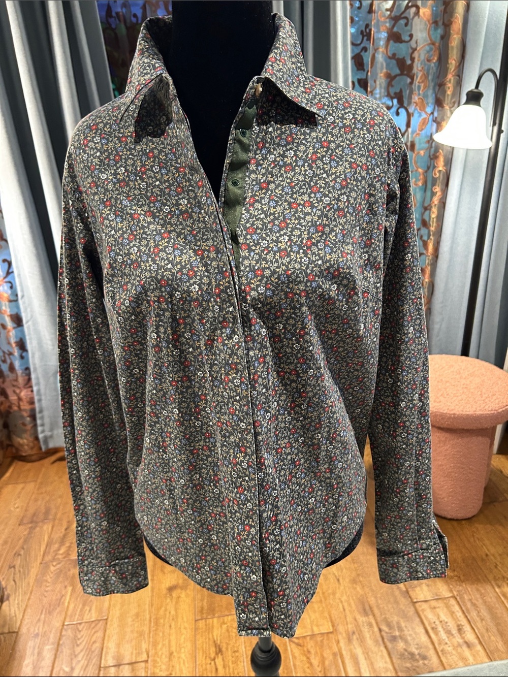 Liz Claiborne Olive Button-Down Shirt with Red and Cream Floral Print